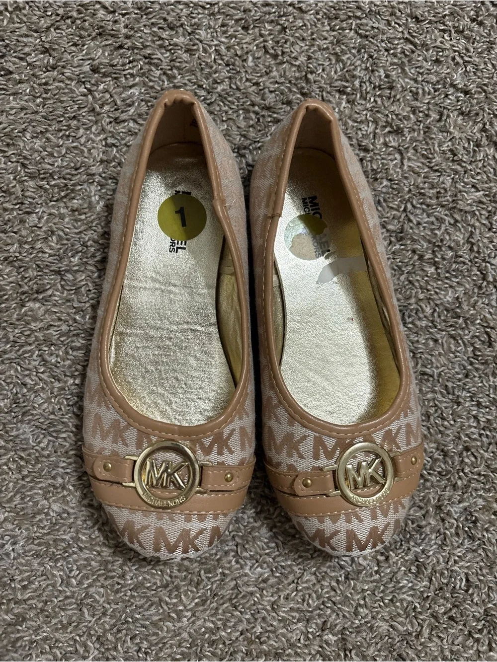 Michael Kors Beige Logo Jacquard Ballet Flats with Gold MK Medallion